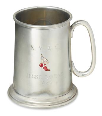 (SPORTS--TRACK.) Pewter mug and three medallions from the famous track star Jesse Owens.